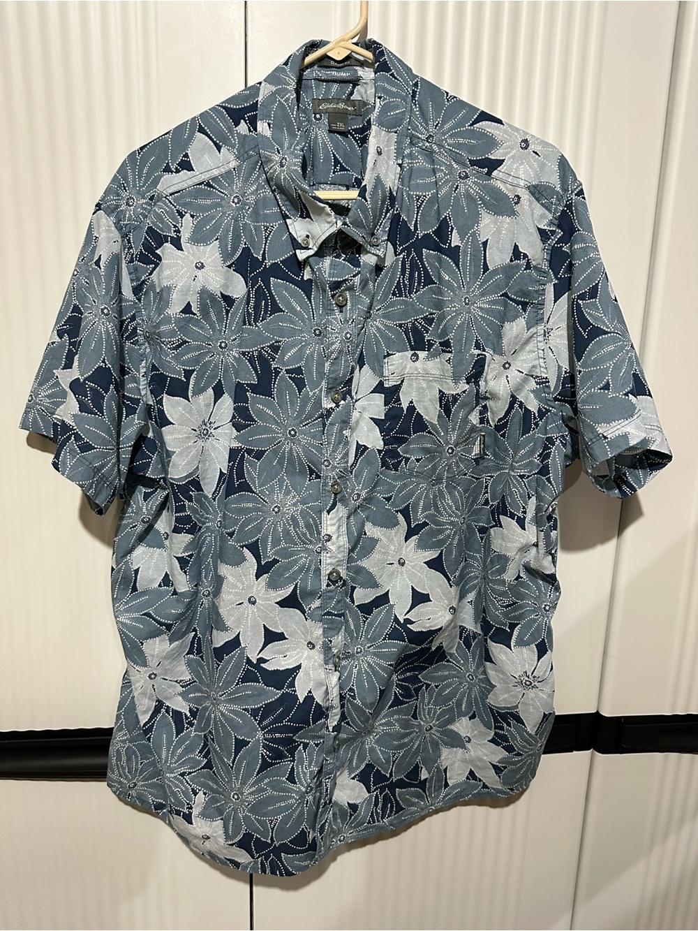 Eddie Bauer Navy and Light Blue Floral Short-Sleeve Button-Down Shirt